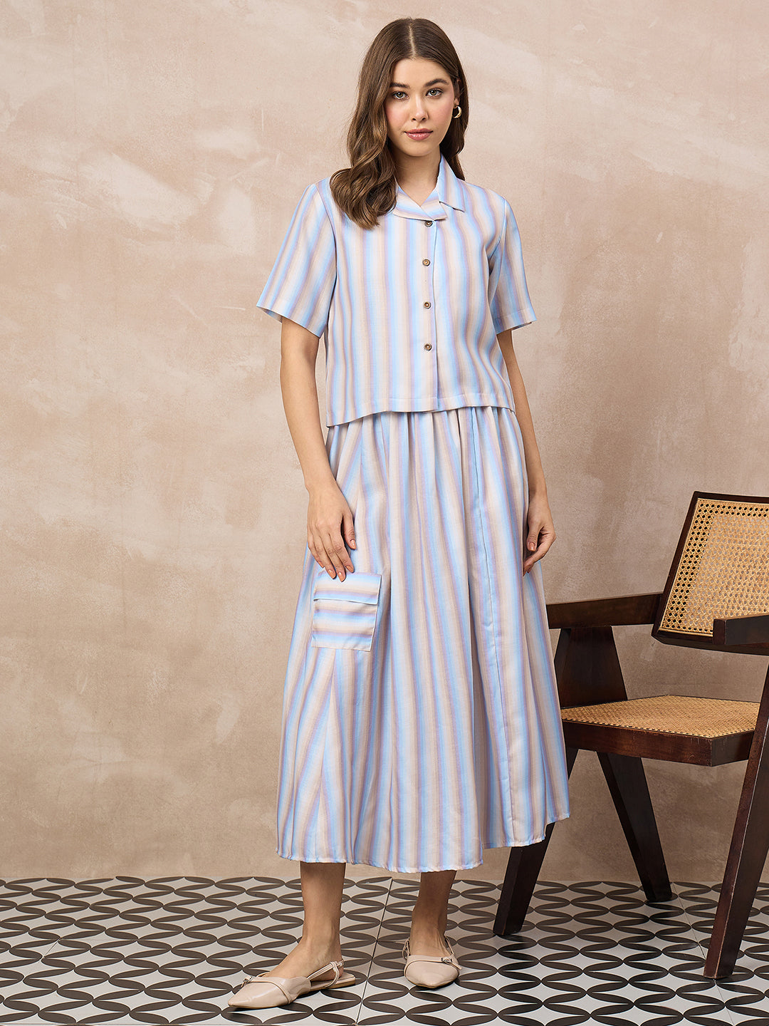 Pure Linen Shirt With Midi Skirt Set