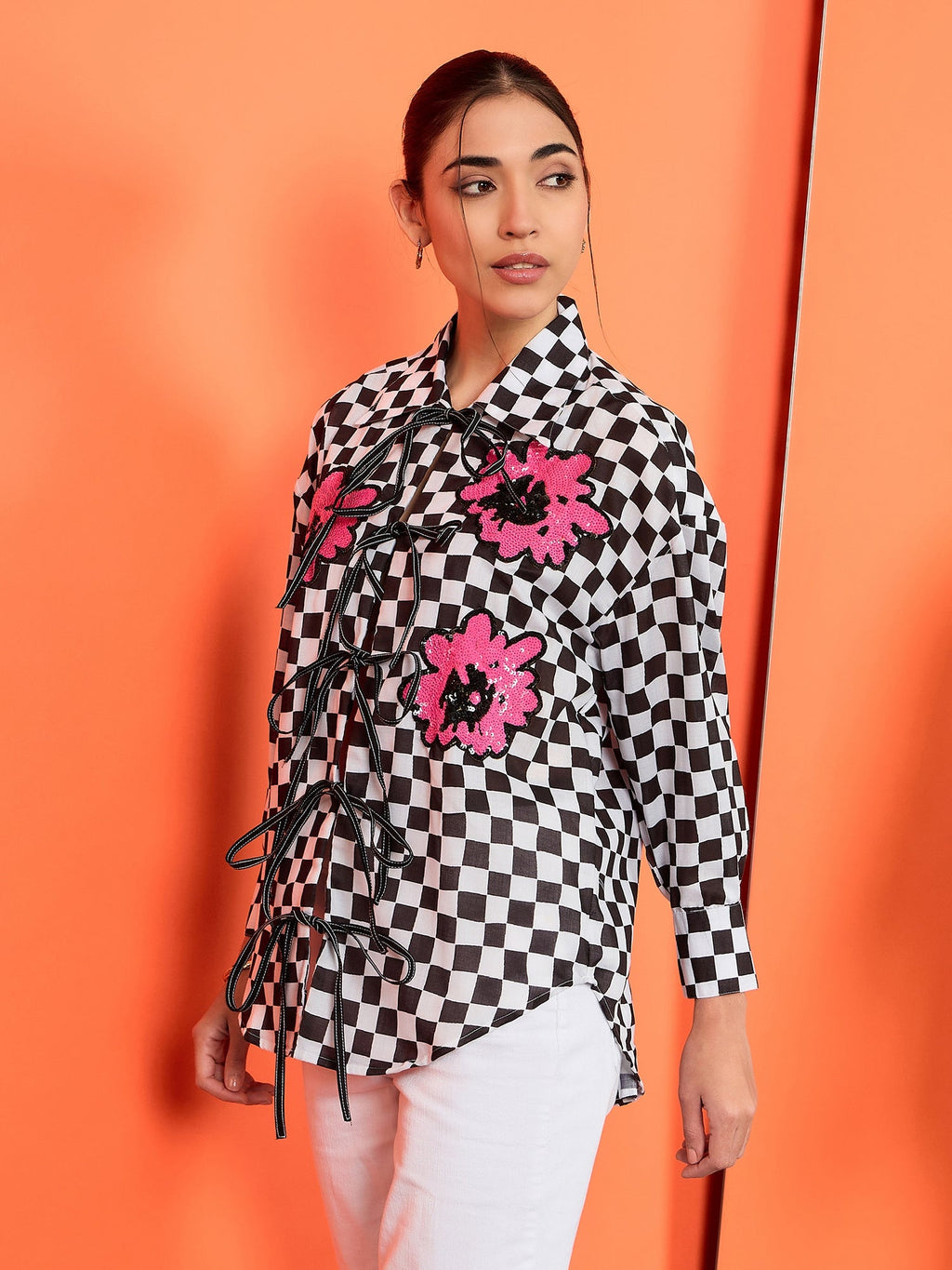 Printed Tie-Up Full Sleeve Sequinned Cotton Shirt