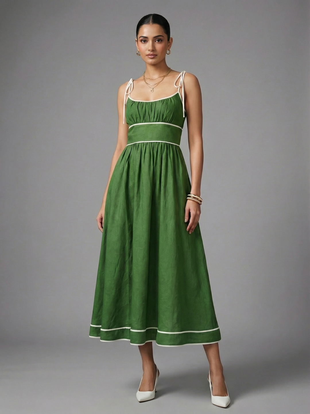 Pure Cotton Shoulder Tie-Up Midi Dress