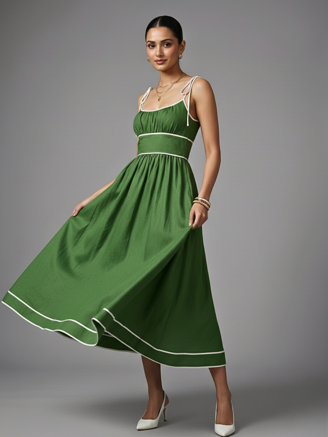 Pure Cotton Shoulder Tie-Up Midi Dress