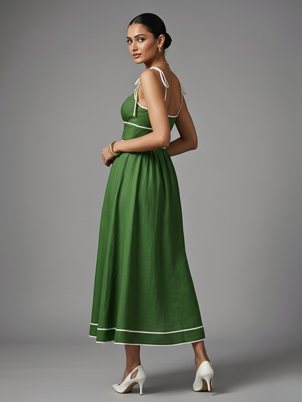 Pure Cotton Shoulder Tie-Up Midi Dress