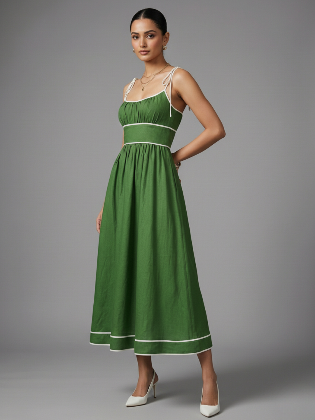 Pure Cotton Shoulder Tie-Up Midi Dress