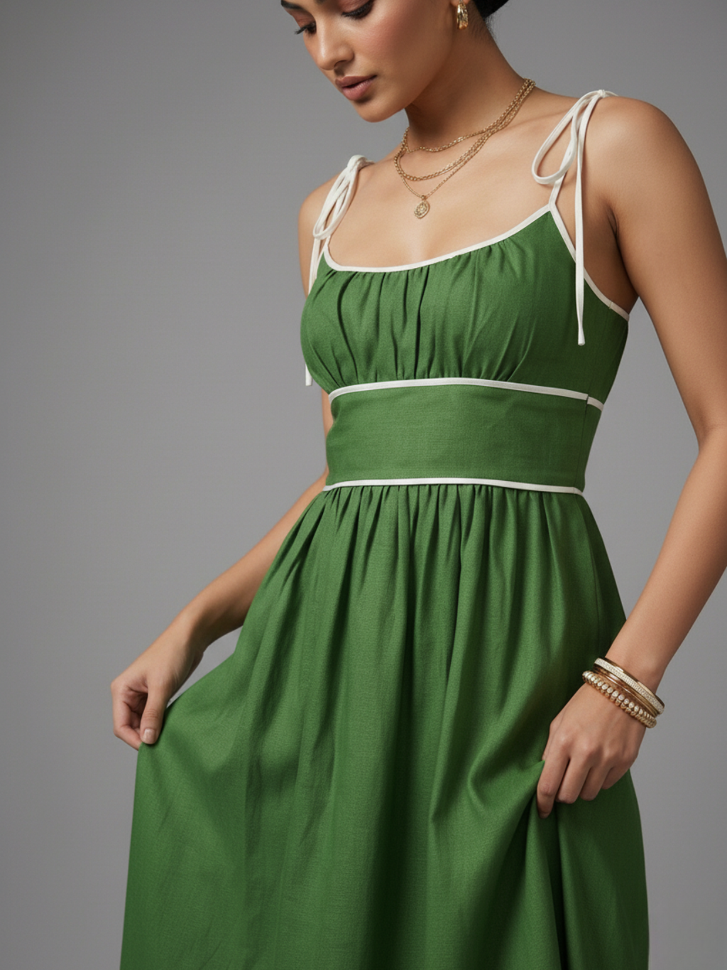 Pure Cotton Shoulder Tie-Up Midi Dress