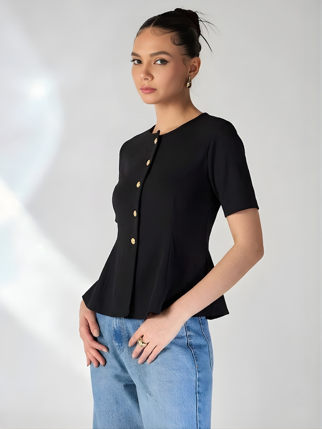 Stretchable Ribbed Flared Peplum Top