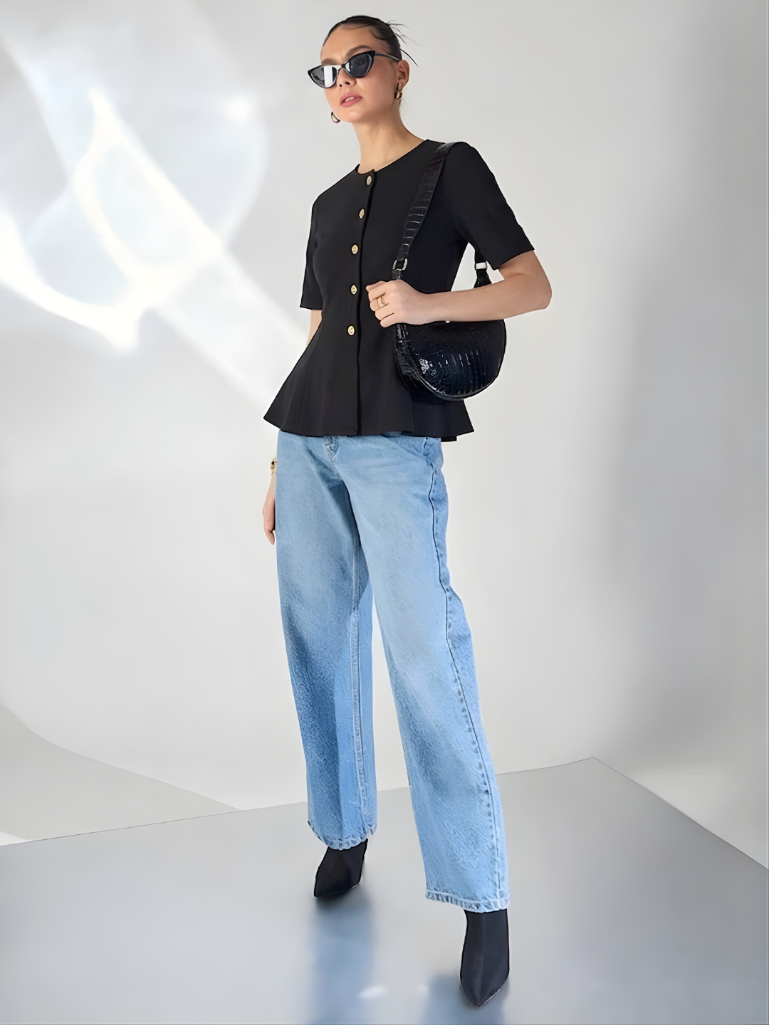 Stretchable Ribbed Flared Peplum Top