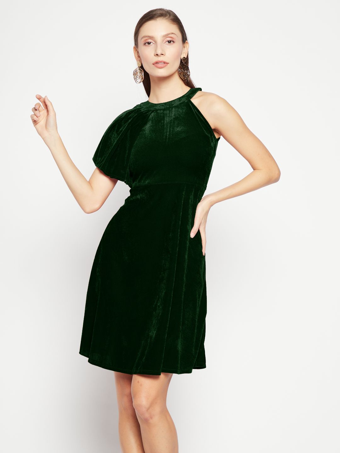 Ruffle Detail Stretchable Velvet Skater Dress