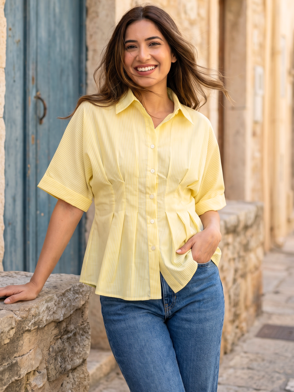 Drop Shoulder Pleated Pure Cotton Shirt