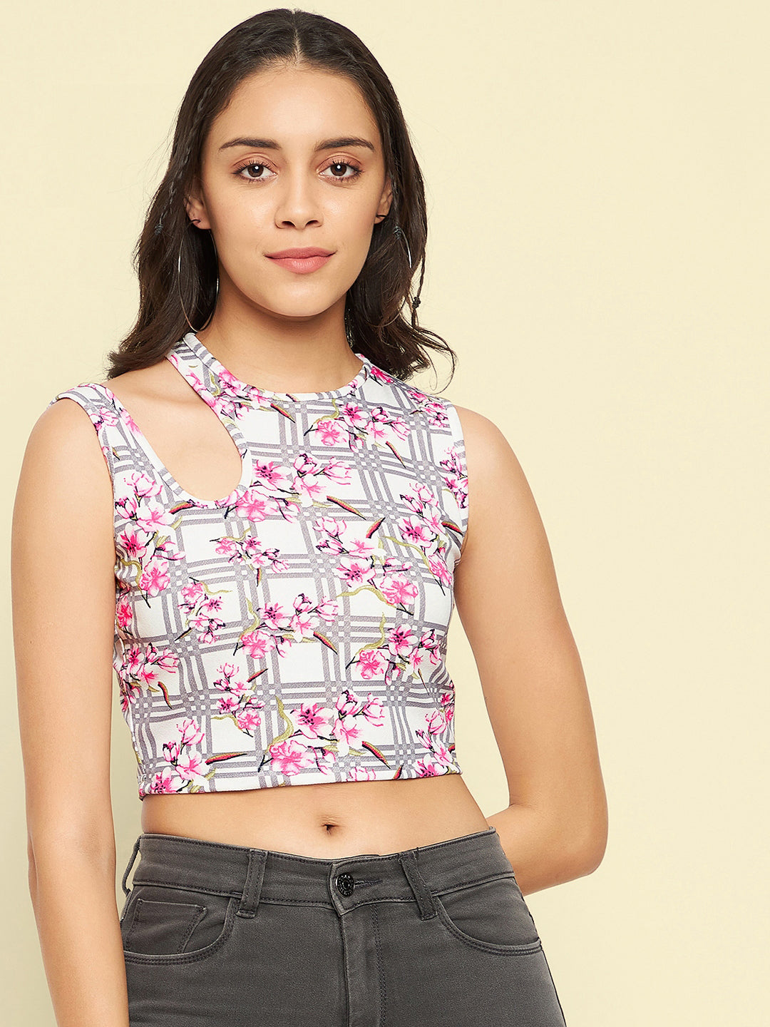Printed Stretchable Shoulder Cutout Crop Top