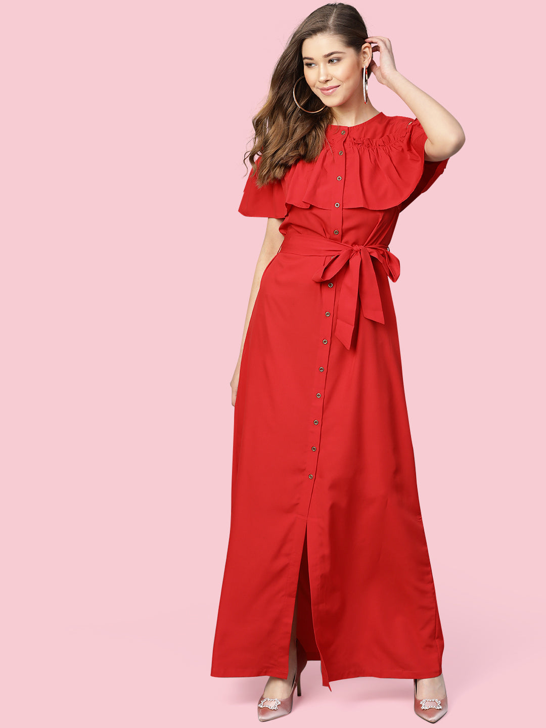 Ruffled Buttoned Cold Shoulder Maxi Dress
