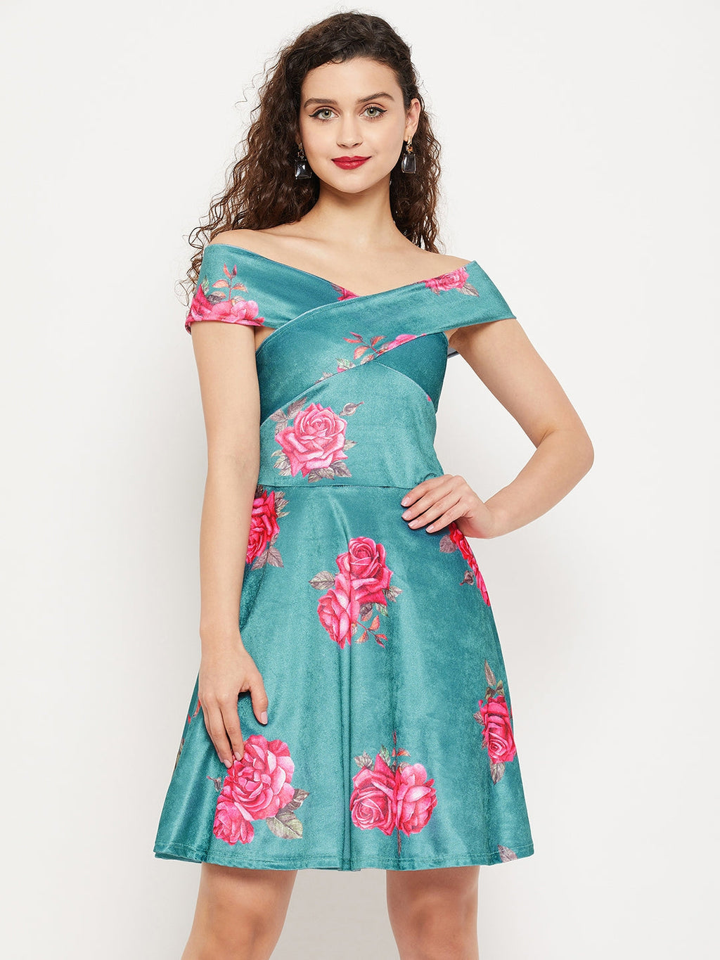 Off Shoulder Stretchable Velvet Skater Dress