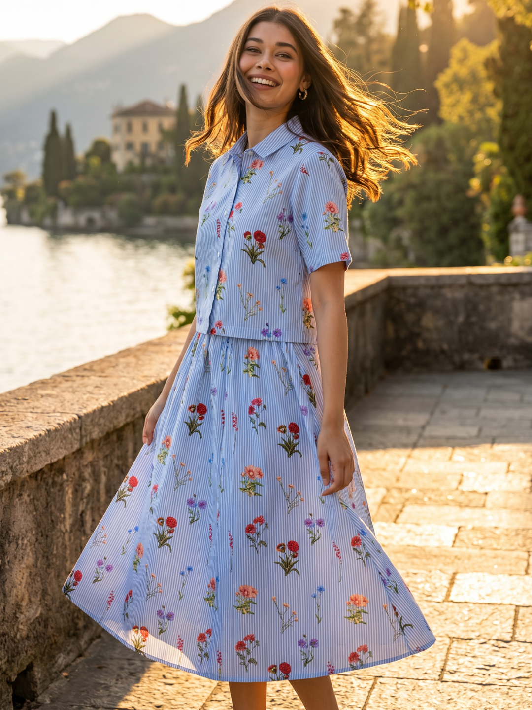 Pure Linen Printed Shirt With Skirt Set