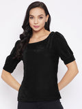 Stretchable Velvet Round Neck Puff Sleeve Top