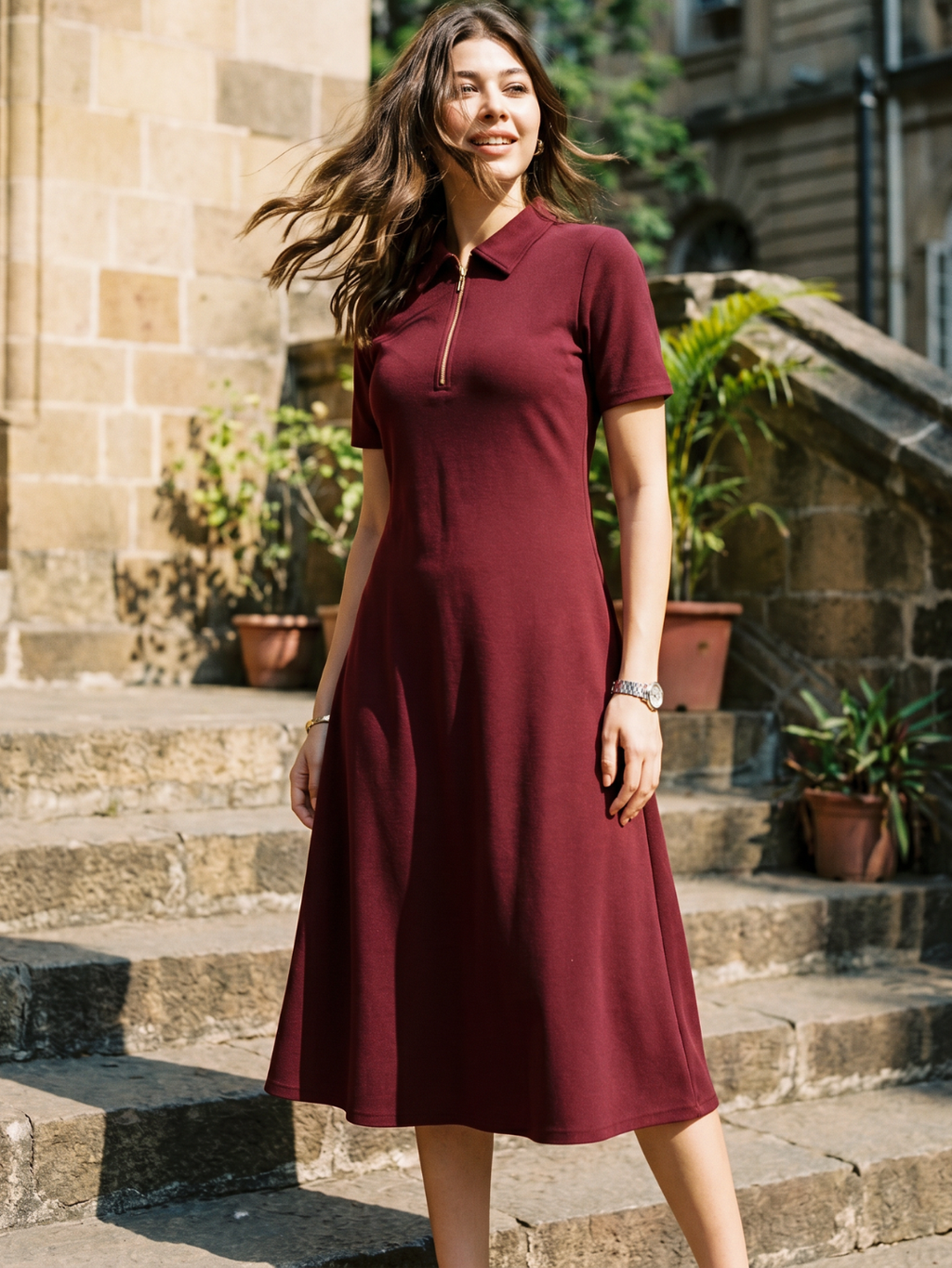 Stretchable Front Zip-up Midi Dress