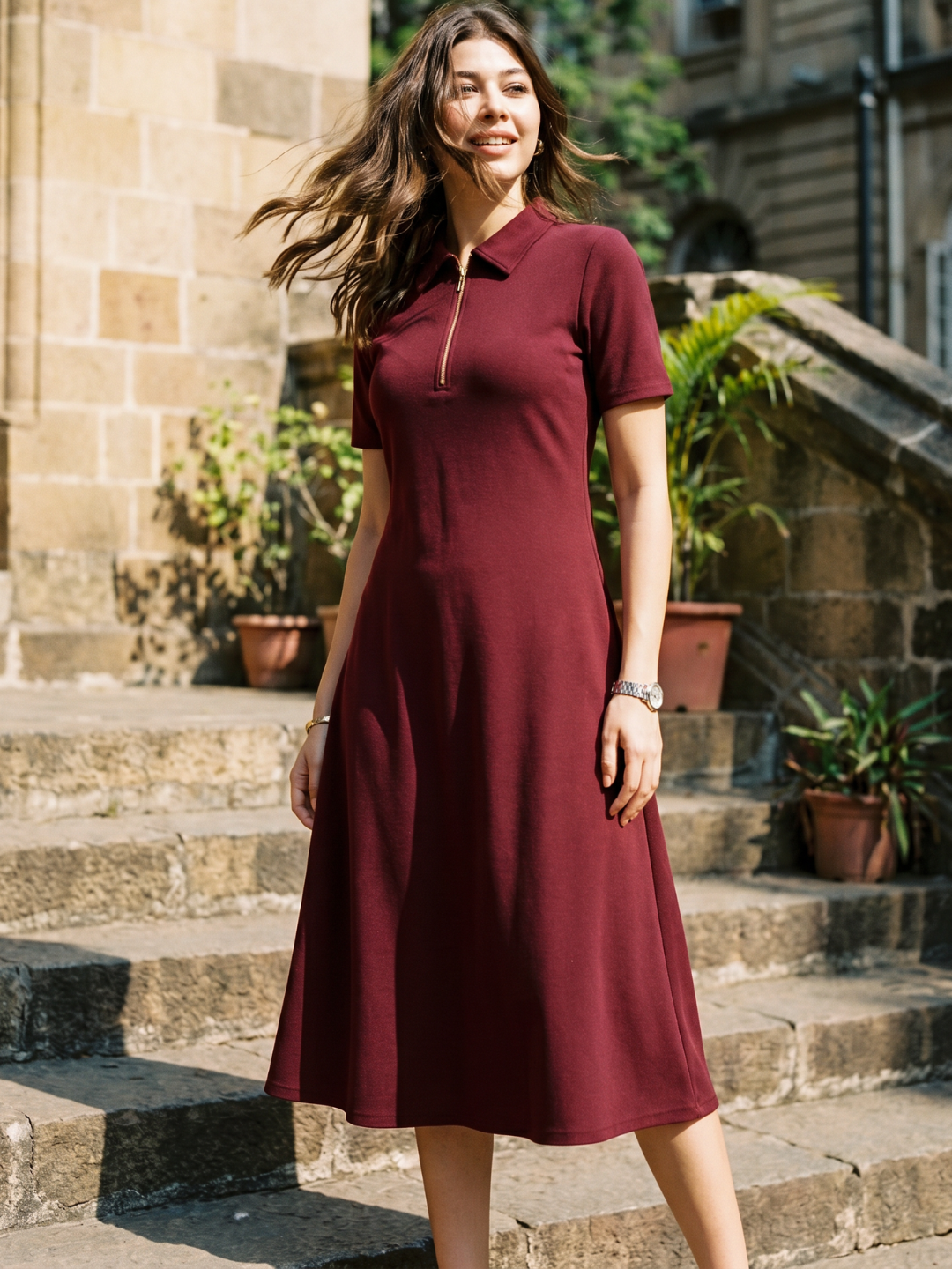 Stretchable Front Zip-up Midi Dress