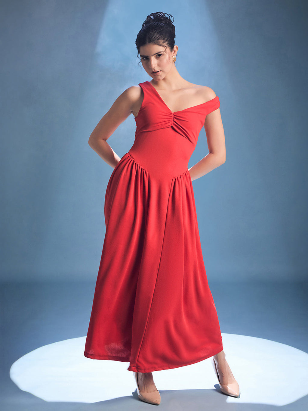 Stretchable One Shoulder Drop Waist Maxi Dress