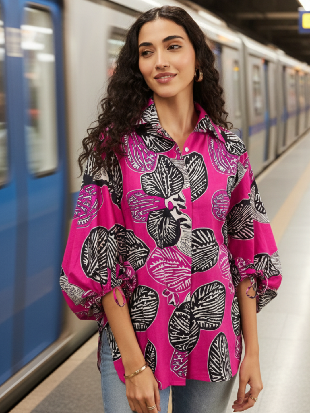 Printed Cotton Shirt with Tie Up Sleeves