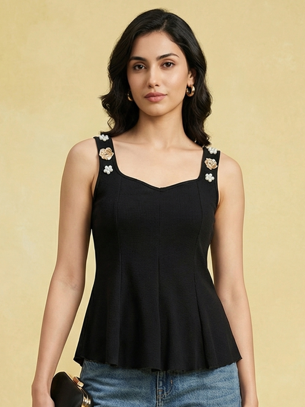 Stretchable Ribbed Embellished Peplum Top