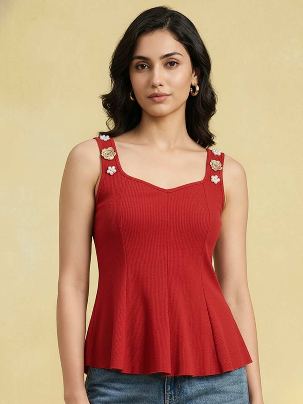 Stretchable Ribbed Embellished Peplum Top
