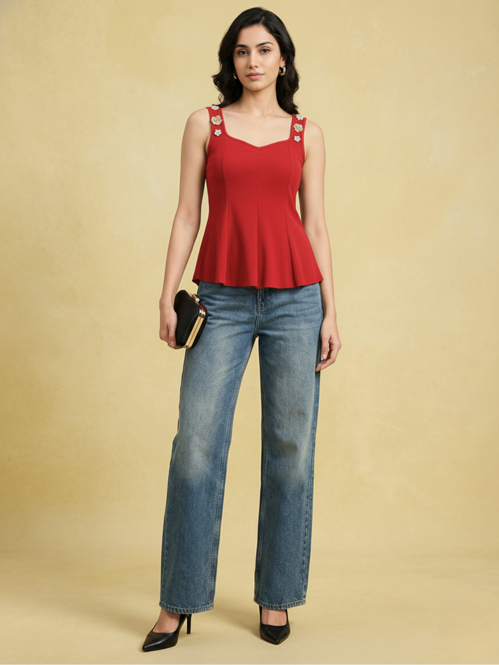 Stretchable Ribbed Embellished Peplum Top