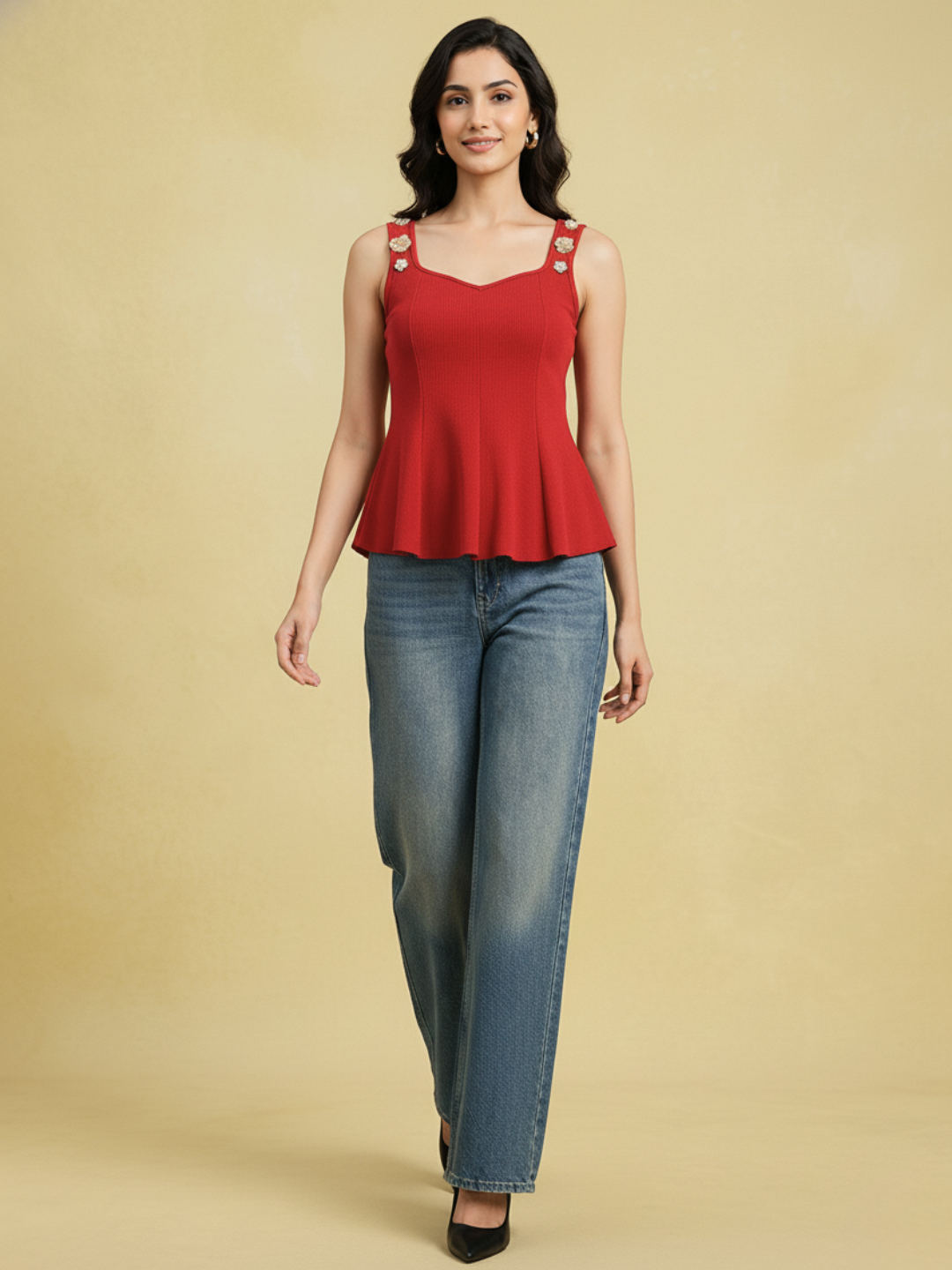 Stretchable Ribbed Embellished Peplum Top