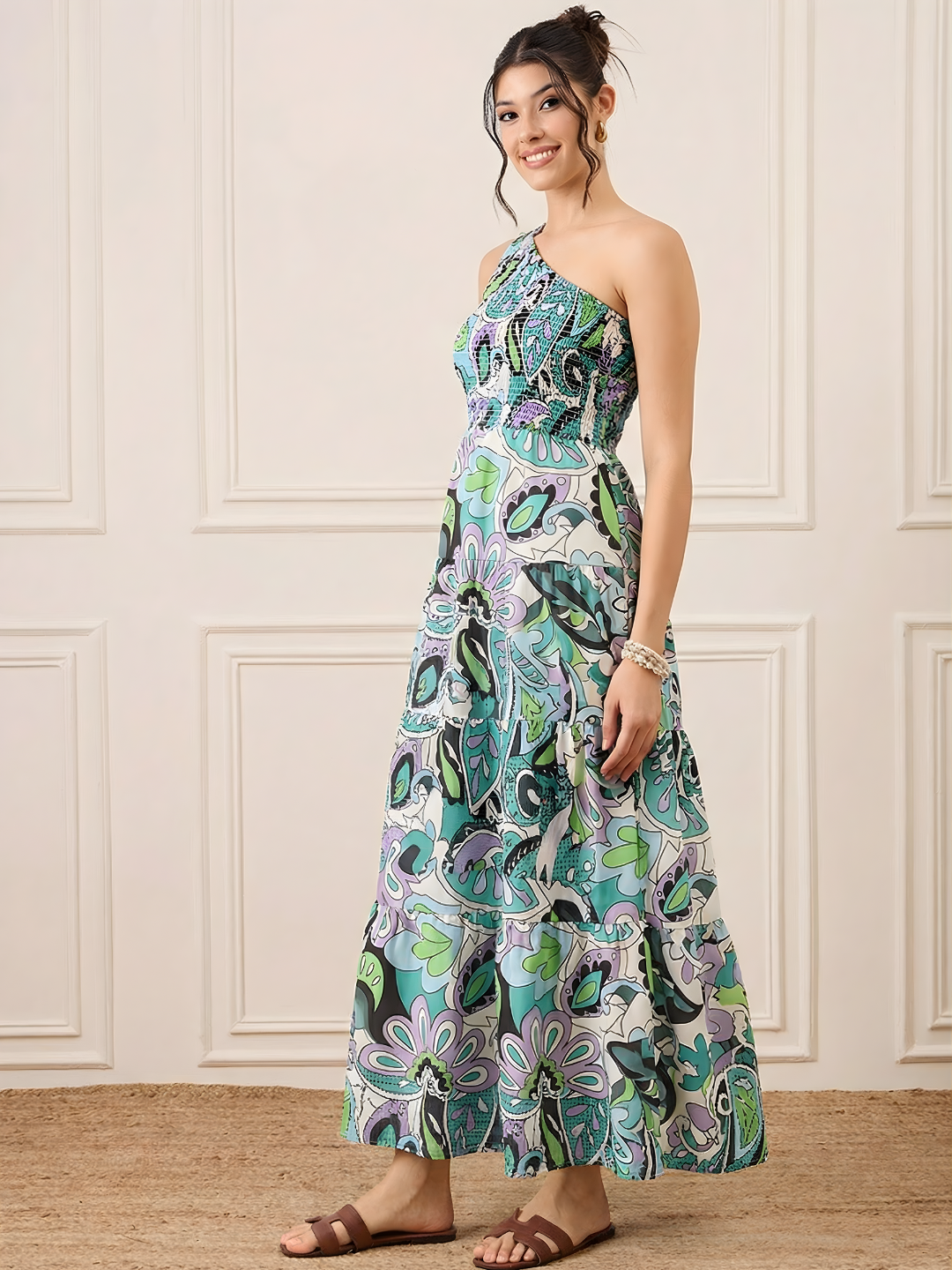 One Shoulder Smocked Maxi Dress