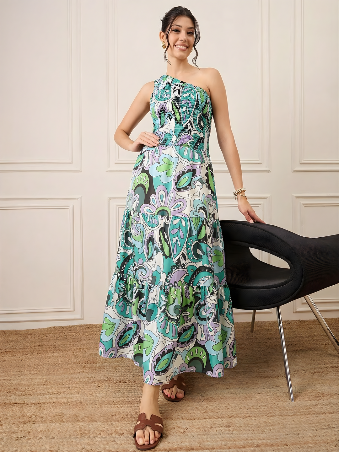 One Shoulder Smocked Maxi Dress