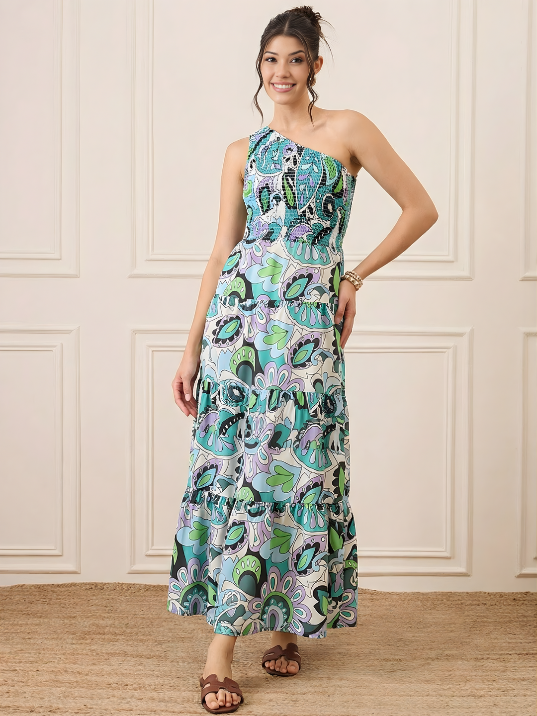 One Shoulder Smocked Maxi Dress