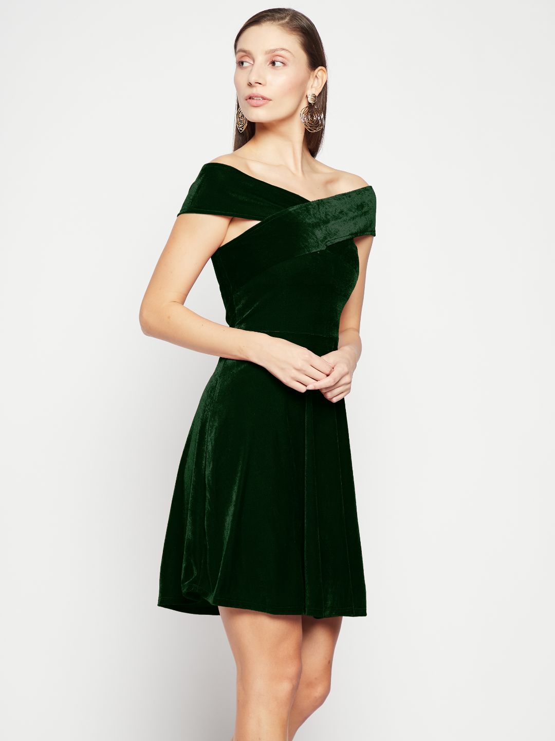 Off Shoulder Stretchable Velvet Skater Dress