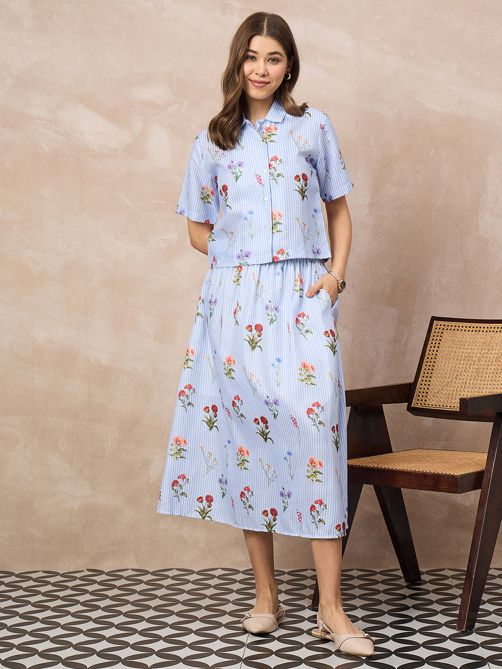 Pure Linen Printed Shirt With Skirt Set