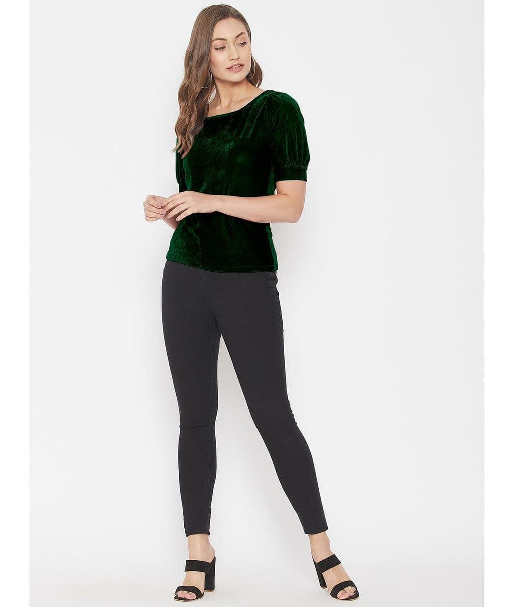 Stretchable Velvet Round Neck Puff Sleeve Top