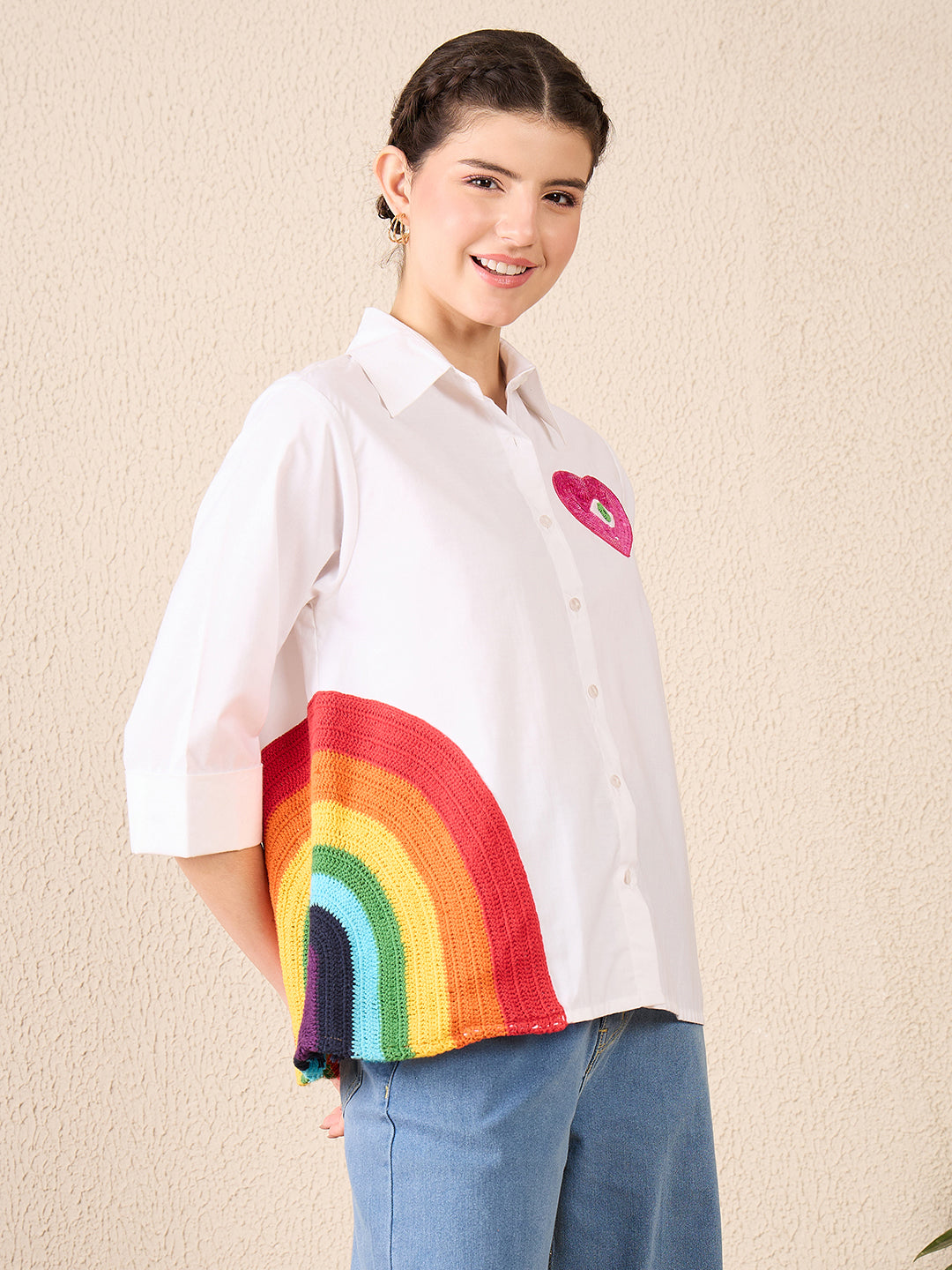 Cotton Boxy Shirt With Rainbow Crochet