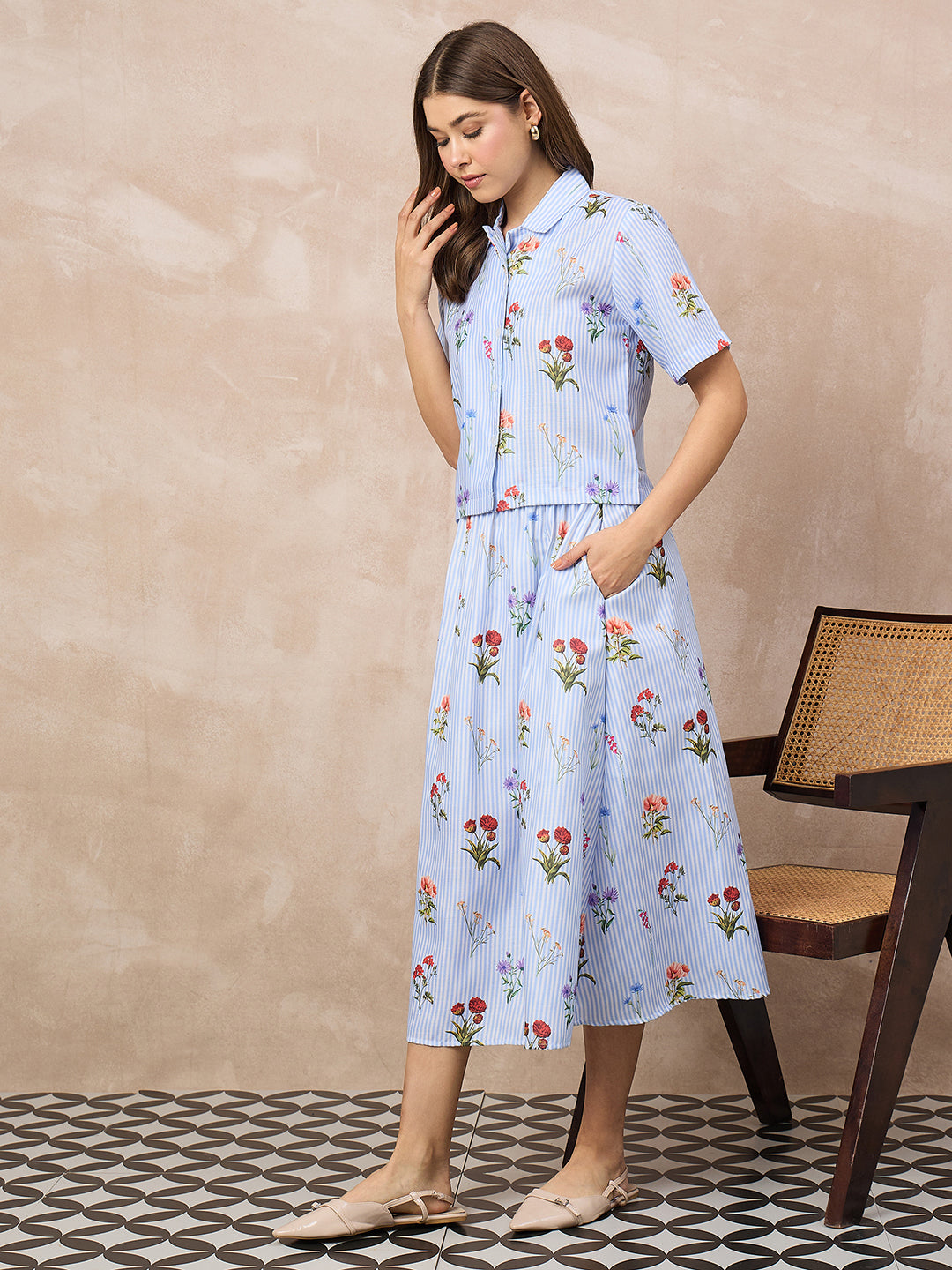 Pure Linen Printed Shirt With Skirt Set