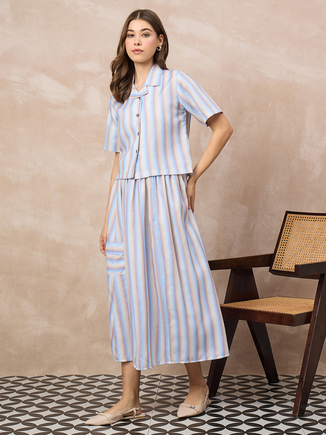 Pure Linen Shirt With Midi Skirt Set