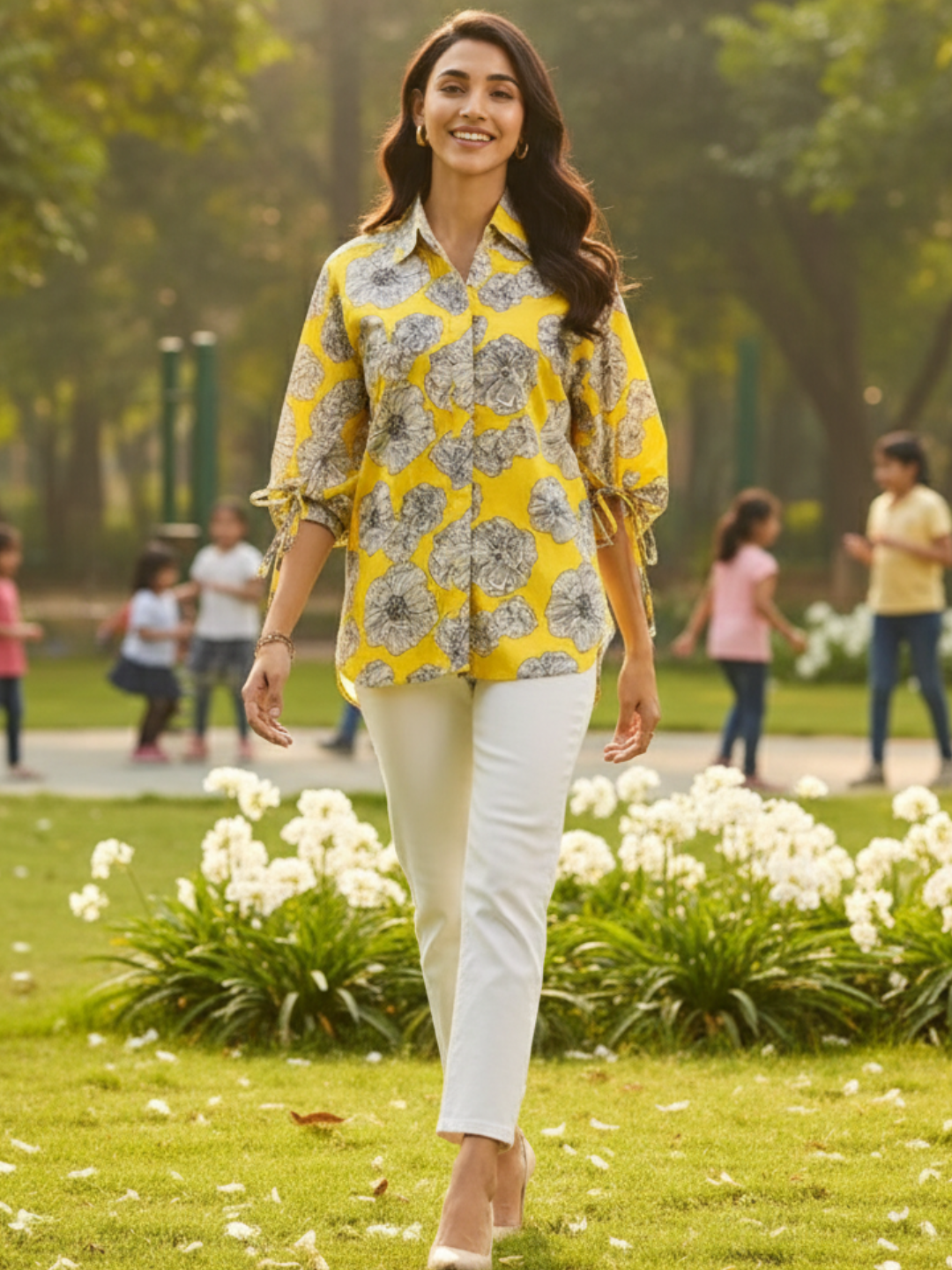Printed Cotton Shirt with Tie Up Sleeves