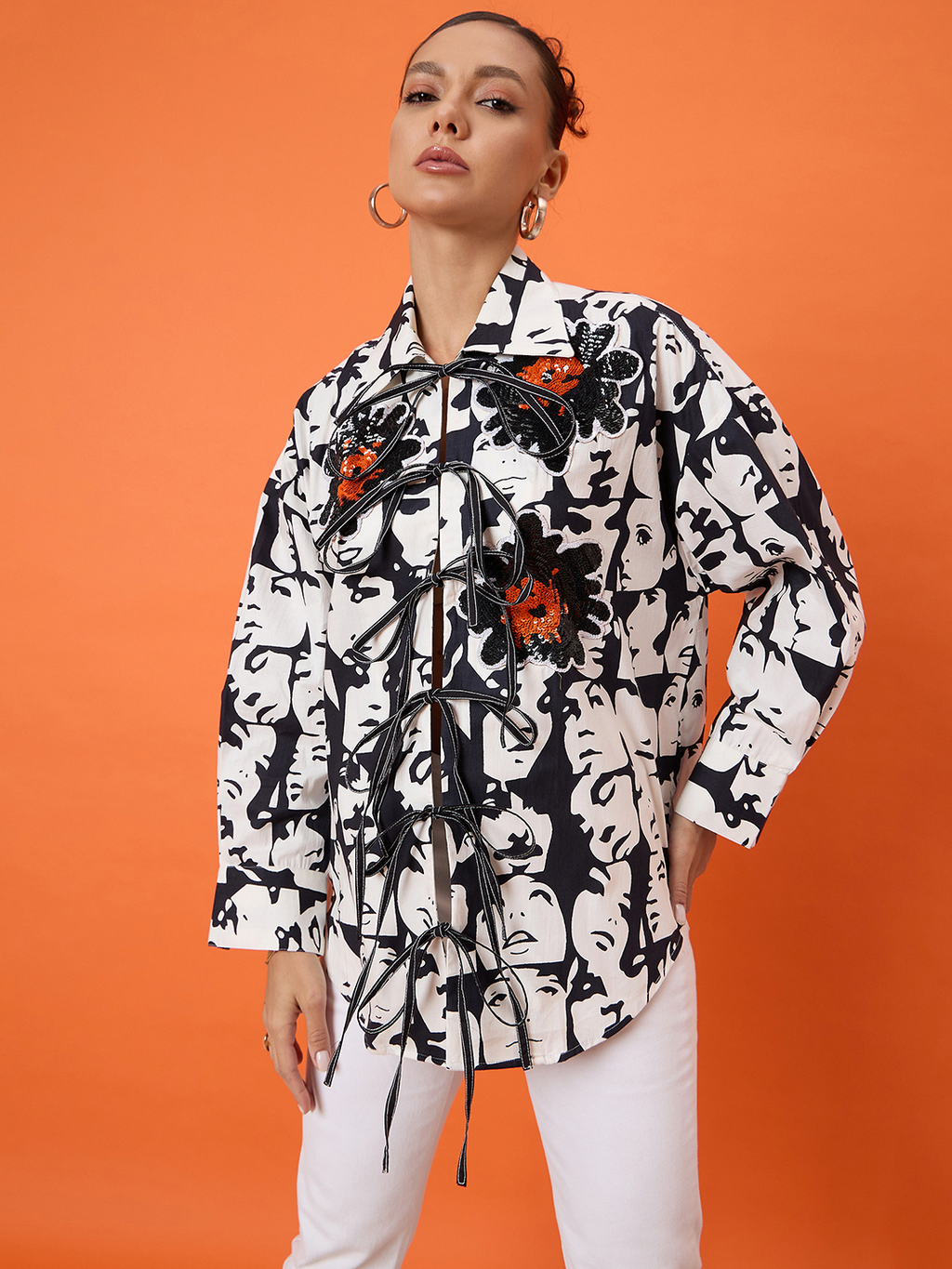 Printed Tie-Up Full Sleeve Sequinned Cotton Shirt