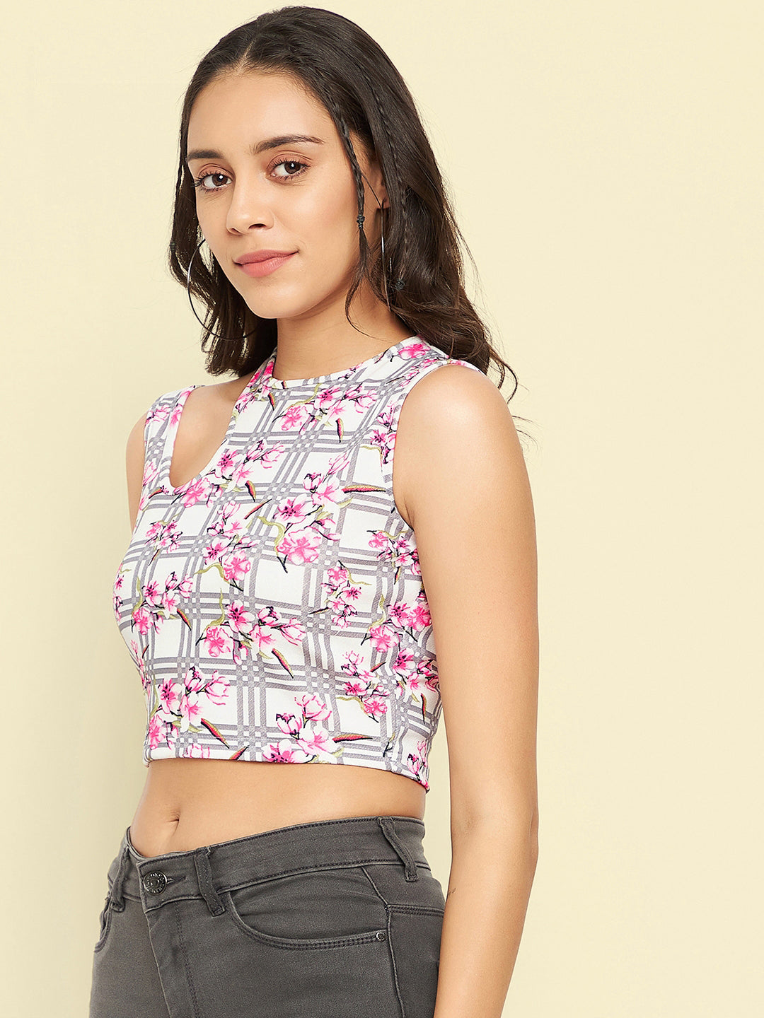 Printed Stretchable Shoulder Cutout Crop Top