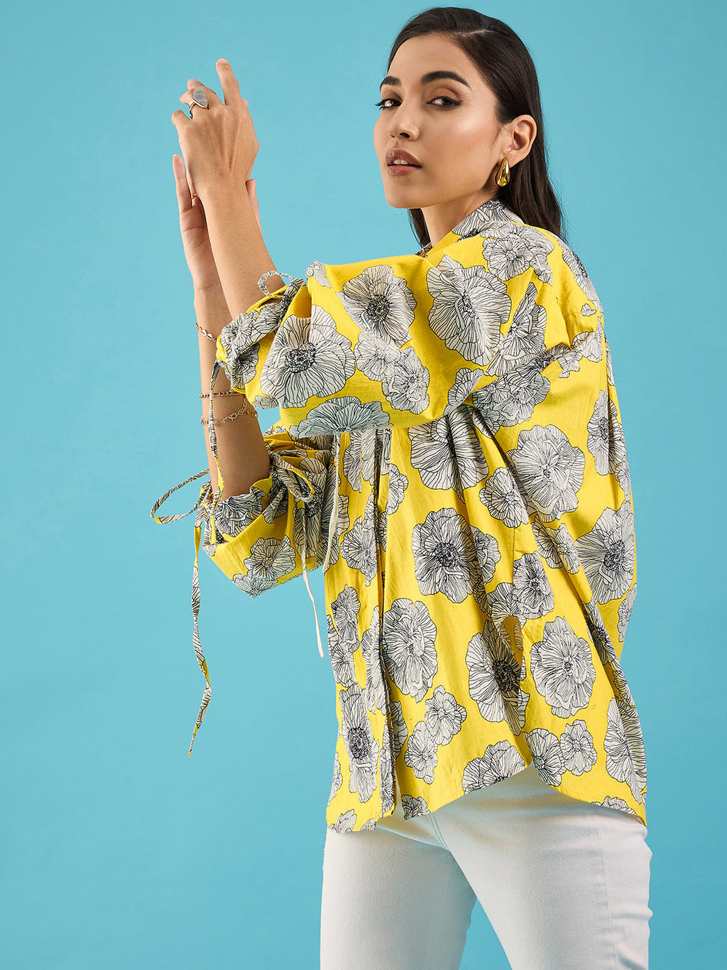 Printed Cotton Shirt with Tie Up Sleeves