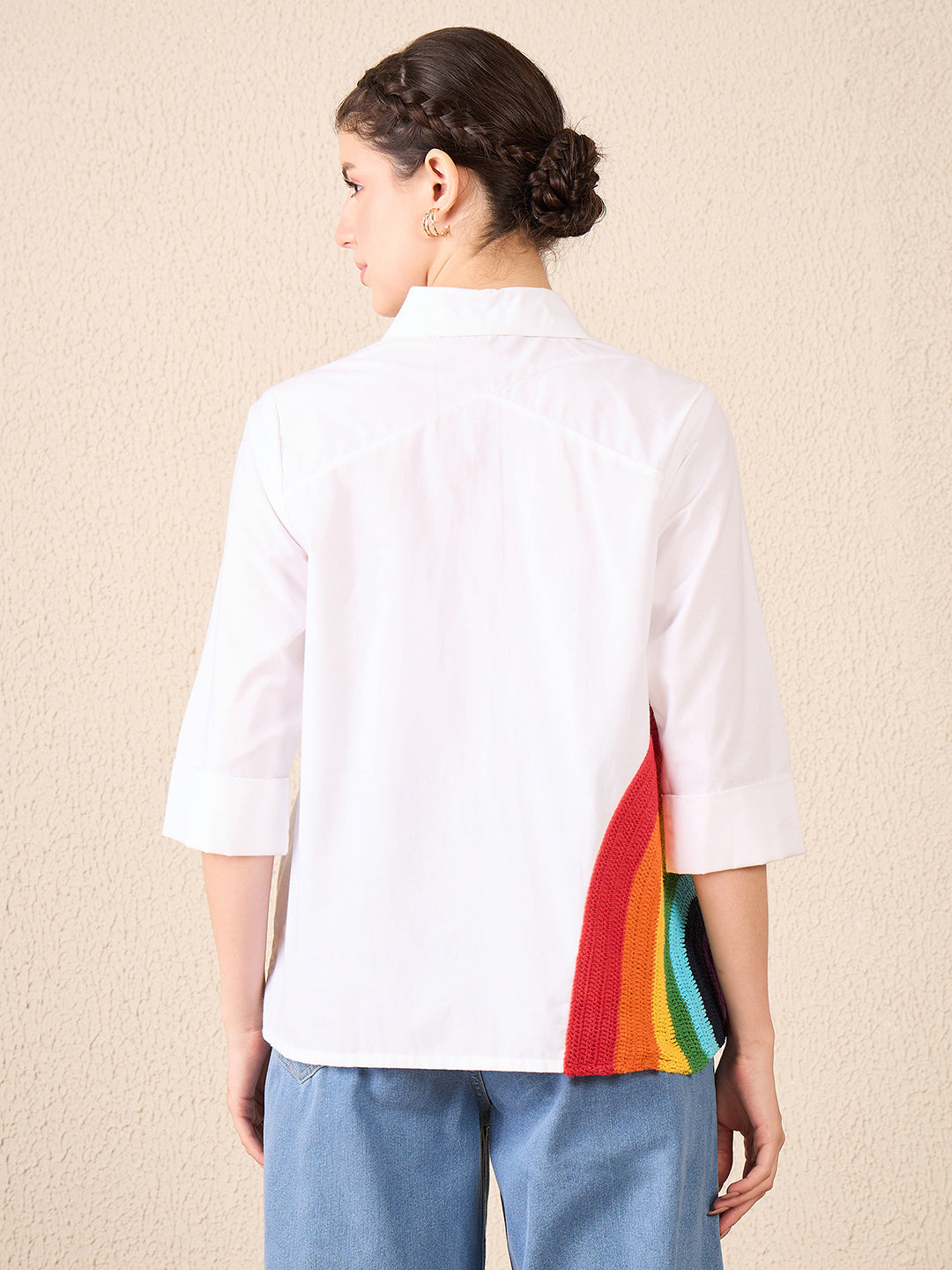Cotton Boxy Shirt With Rainbow Crochet