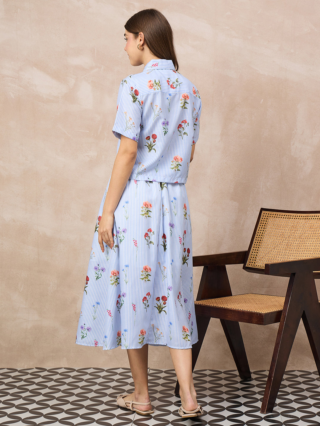 Pure Linen Printed Shirt With Skirt Set