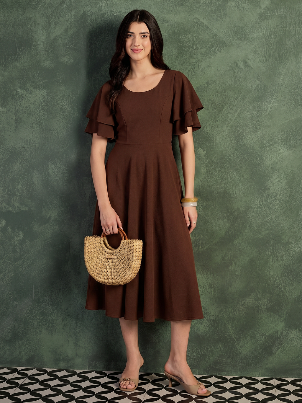 Stretchable Ruffled Sleeve Fit & Flare Dress