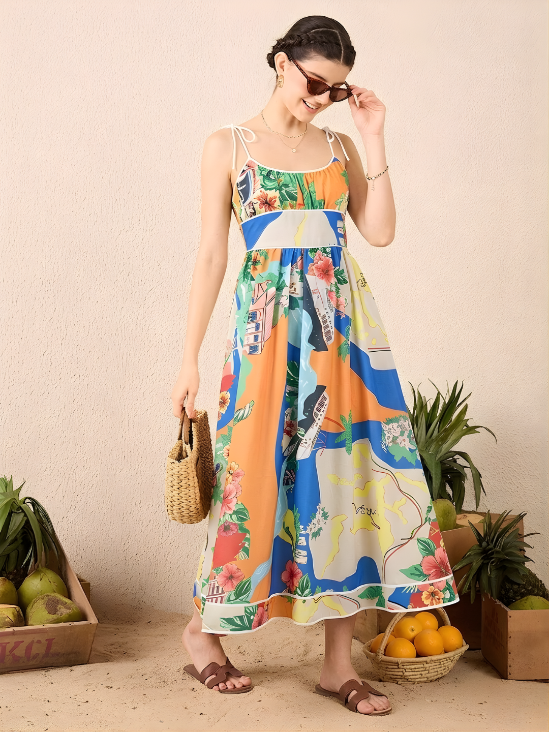Pure Linen Shoulder Tie-Up Midi Dress