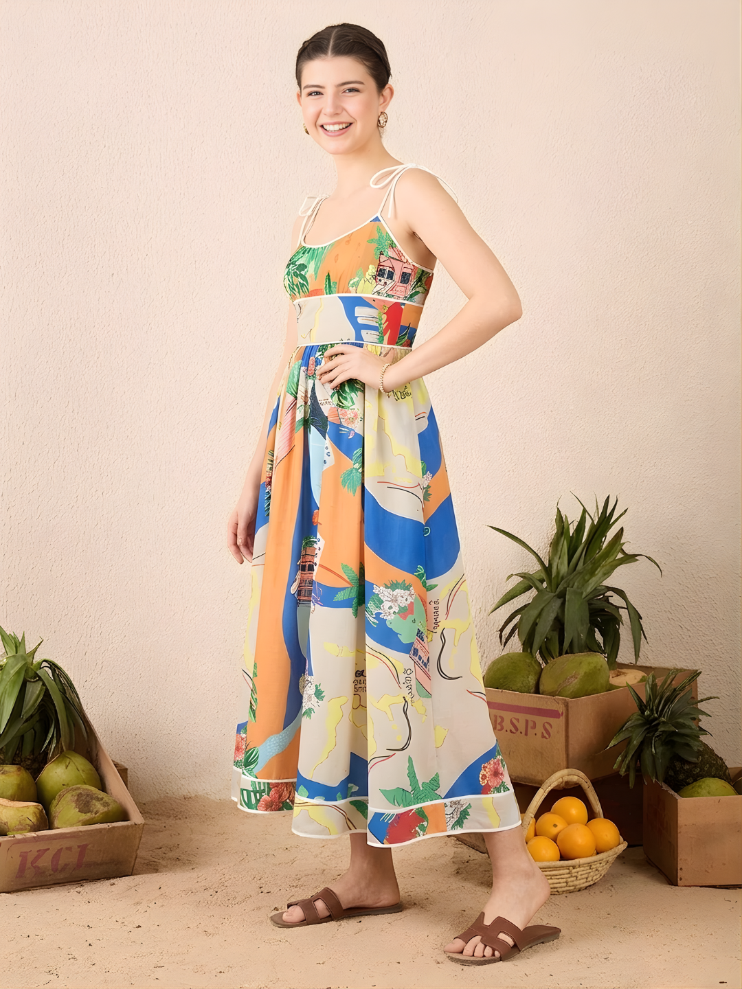 Pure Linen Shoulder Tie-Up Midi Dress