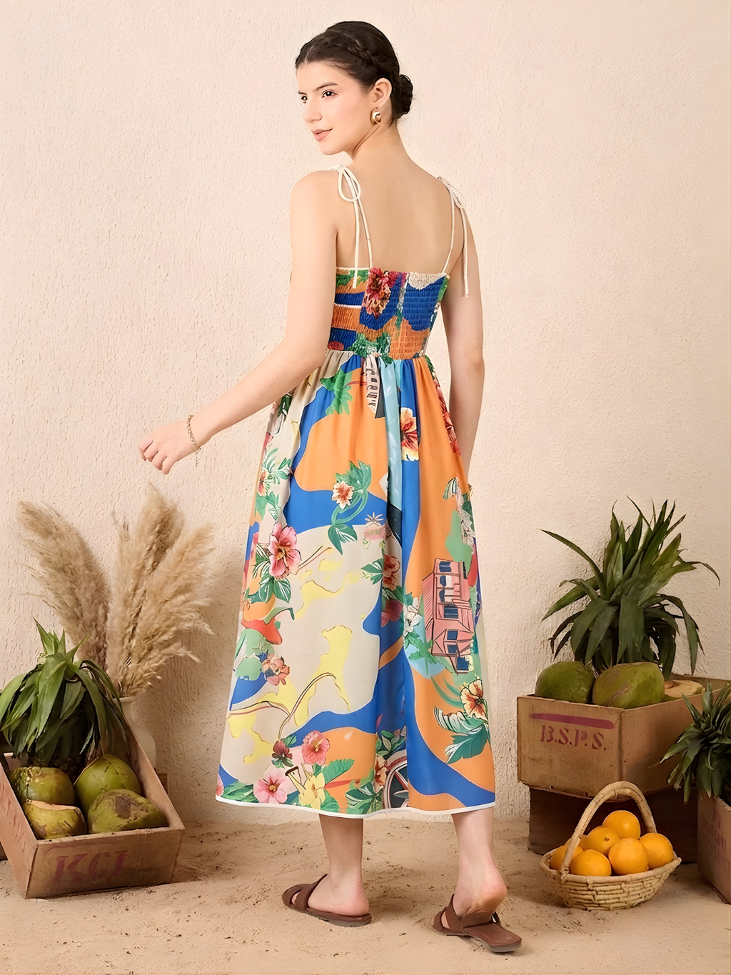 Pure Linen Shoulder Tie-Up Midi Dress