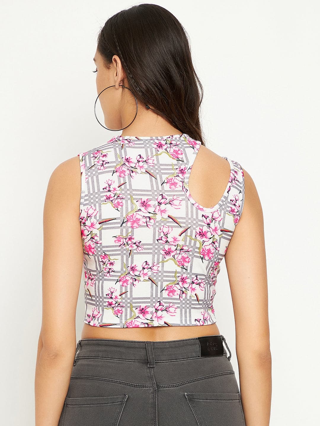 Printed Stretchable Shoulder Cutout Crop Top