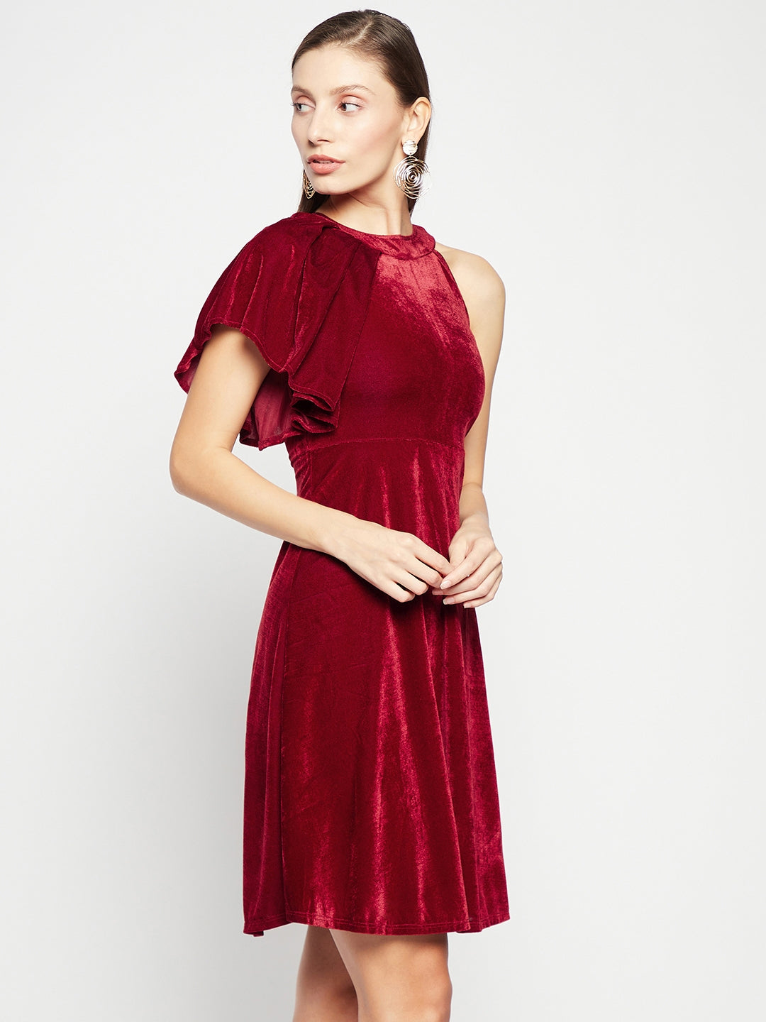 Ruffle Detail Stretchable Velvet Skater Dress