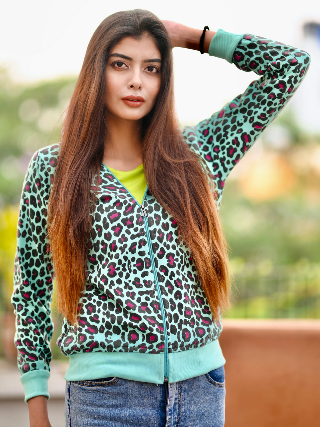 Animal Print Cotton Zippered Hoodie with Pockets