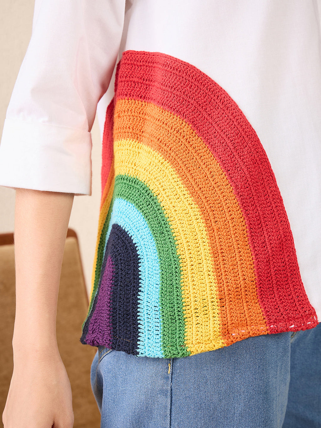 Cotton Boxy Shirt With Rainbow Crochet