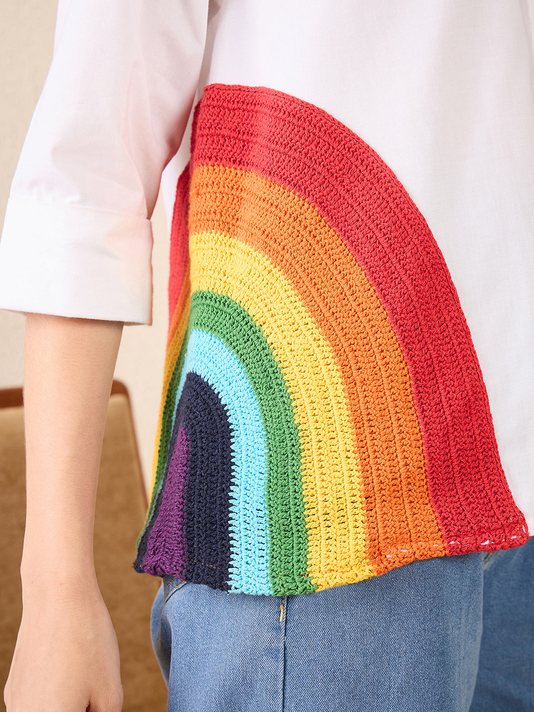 Cotton Boxy Shirt With Rainbow Crochet