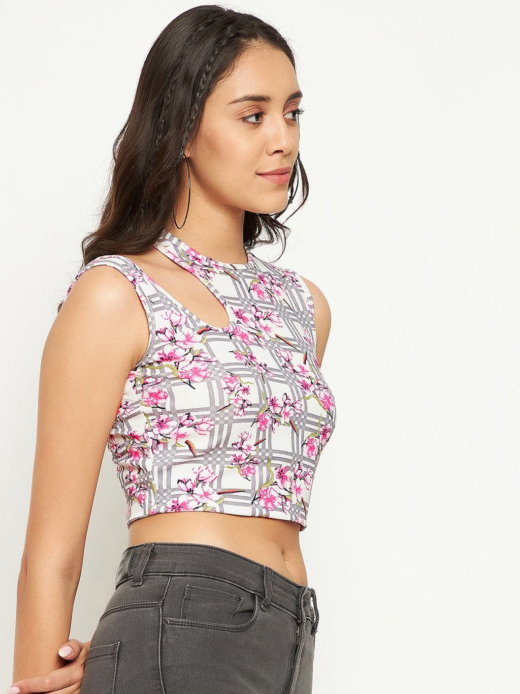 Printed Stretchable Shoulder Cutout Crop Top