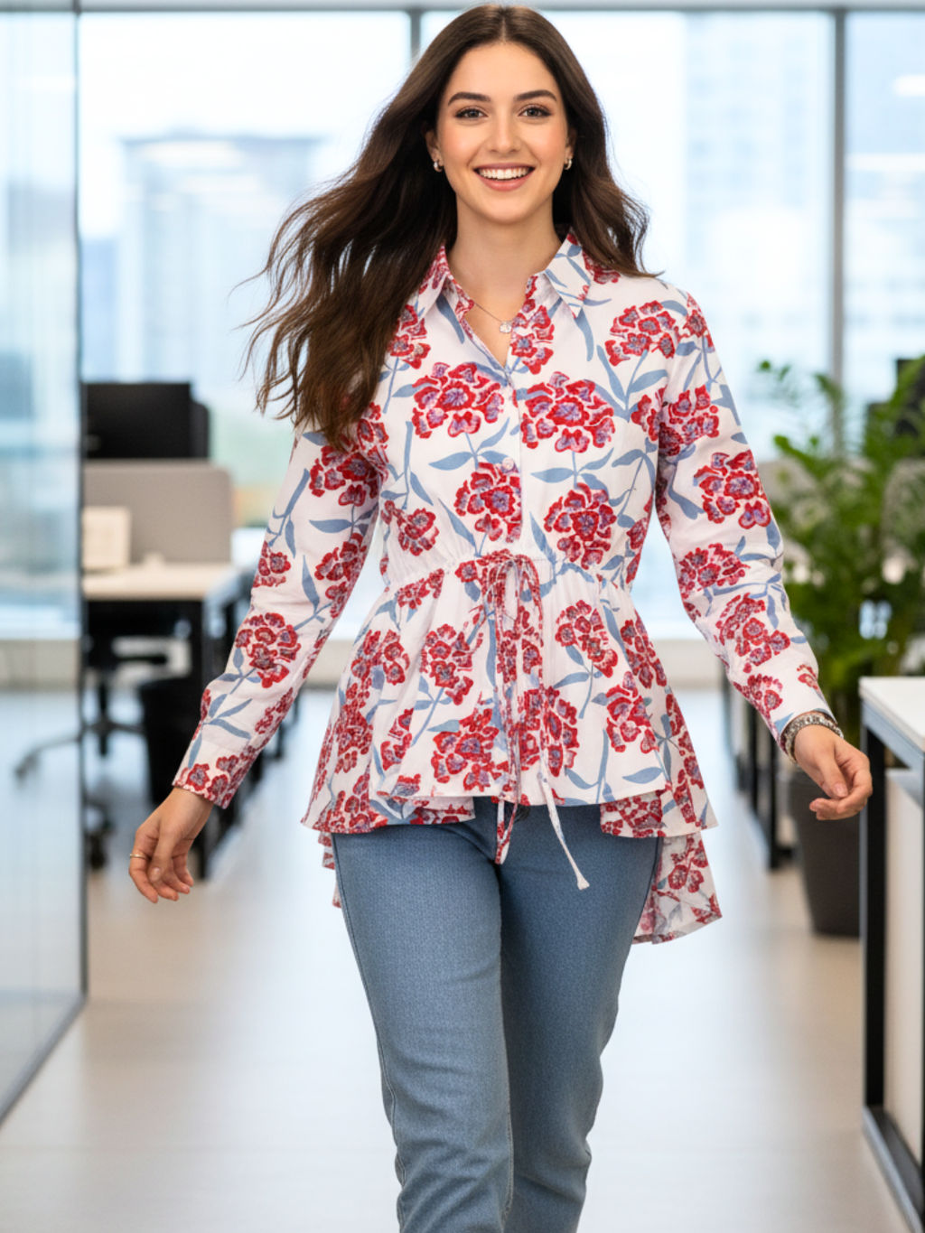 Pure Cotton Drawstring Peplum Shirt